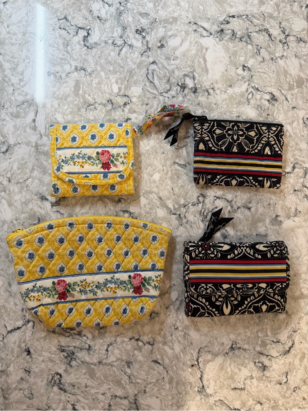 Vera Bradley Yellow Floral and Black Pattern Quilted Cosmetic Pouch Set